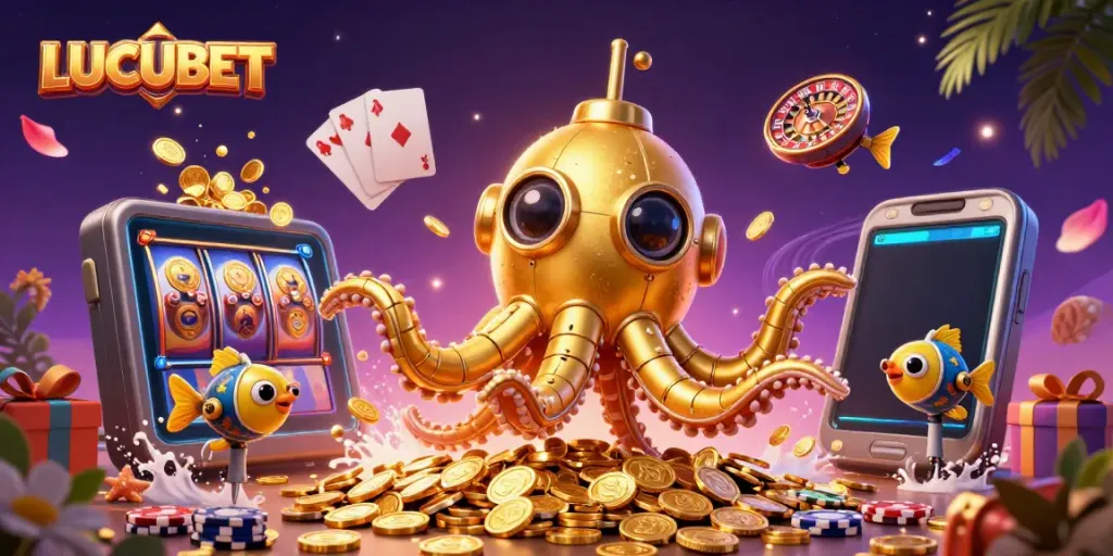 LUCUBET showcases a vibrant scene with a golden kraken and slot game excitement amidst coins and cards.