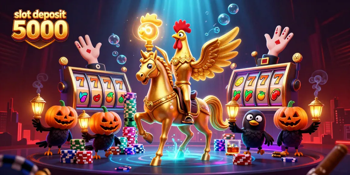 Engage with thrilling slot deposit 5000 action featuring a golden rooster in a vibrant casino scene.