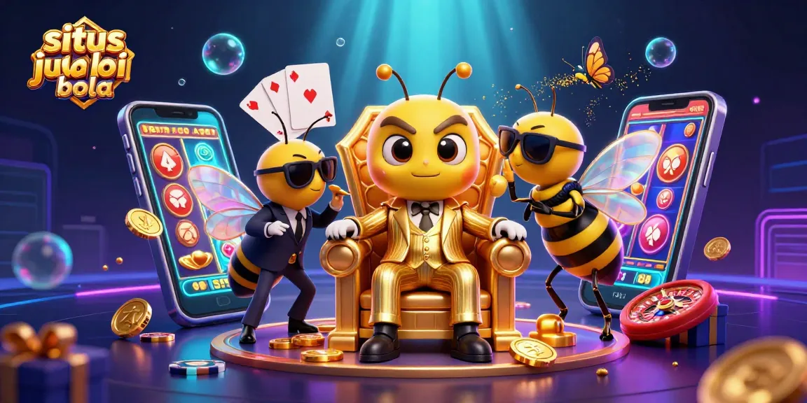Situs judi bola illustration with a bumblebee mob boss amid casino elements, showcasing dynamic gaming action