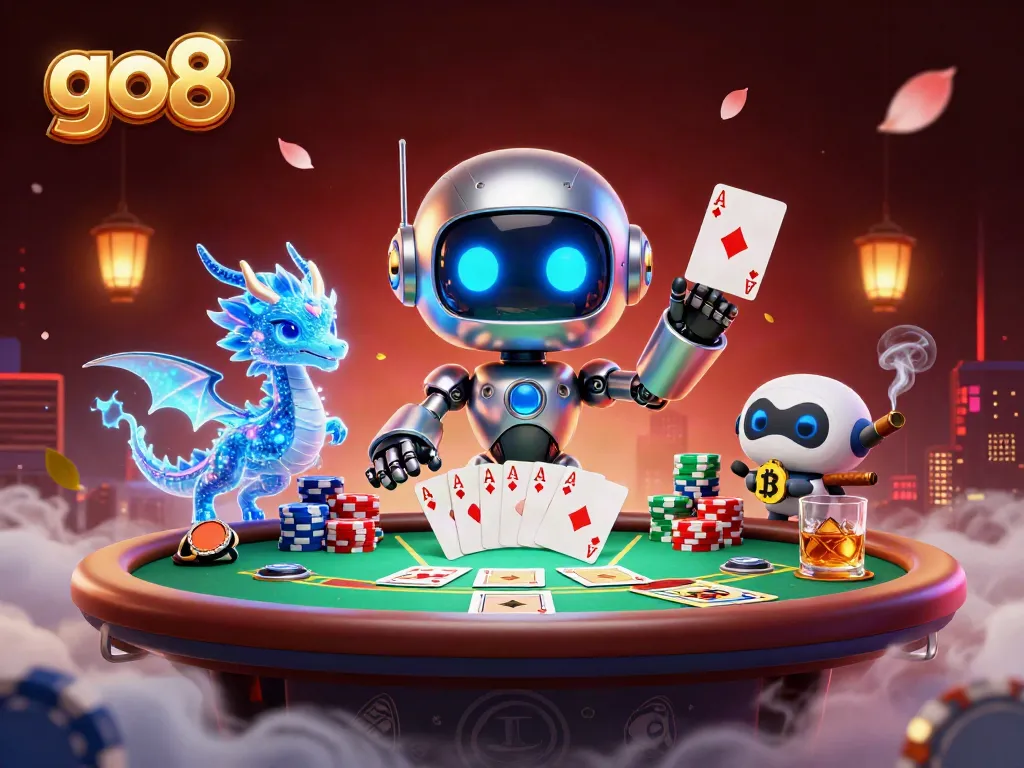 Engage with go8's gaming excitement; a cyberpunk mascot and friends at poker.