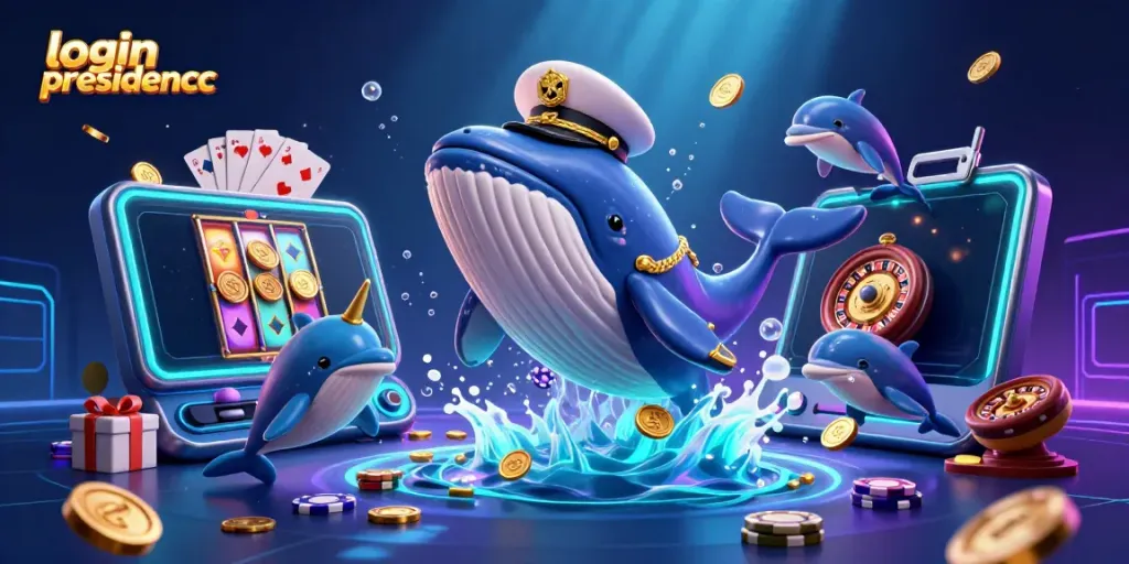 Experience the thrill of gaming with login presidencc featuring a whale, narwhal, and dolphins amidst casino elements.