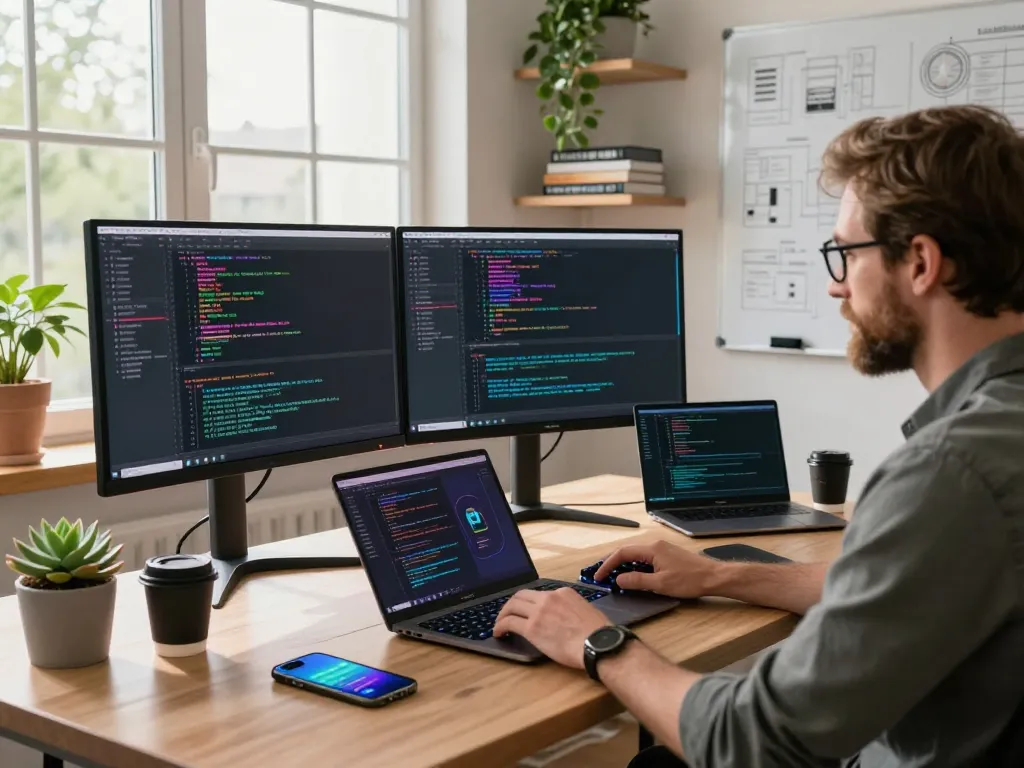 Developer utilizing Clawdbot mac on dual monitors in a modern workspace, showcasing productivity and tech integration.