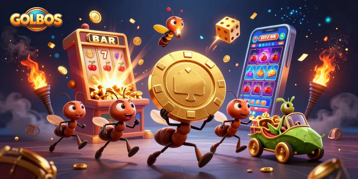 Experience the thrill of GOLBOS as ants carry a giant poker chip amidst a dynamic casino heist scene.
