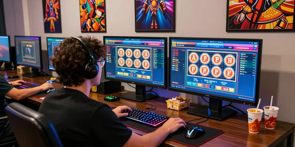 Engaging online gaming setup with monitors showcasing rajaberas88 slot and casino games.