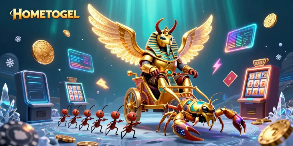 Experience HOMETOGEL's thrilling gaming with a vibrant illustration showcasing slot machines, a golden scarab, and gold coins.