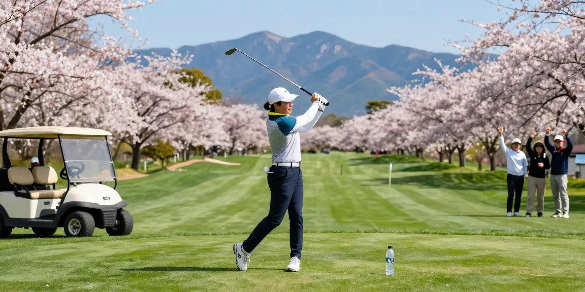 Pengalaman golf menyenangkan di Kato City, bro178 link alternatif dengan pemandangan indah dari pohon sakura dan gunung.