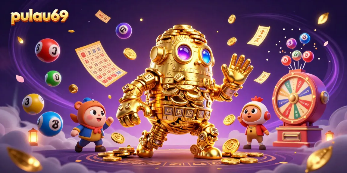 Spin and win with pulau69 in a vibrant casino scene showcasing dynamic lottery balls and golden elements.