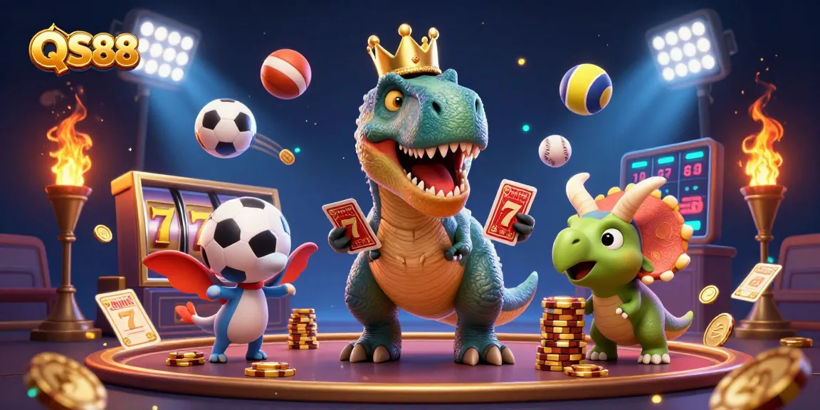 QS88 features a lively scene with a T-Rex attempting card tricks, paired with vibrant gaming elements.
