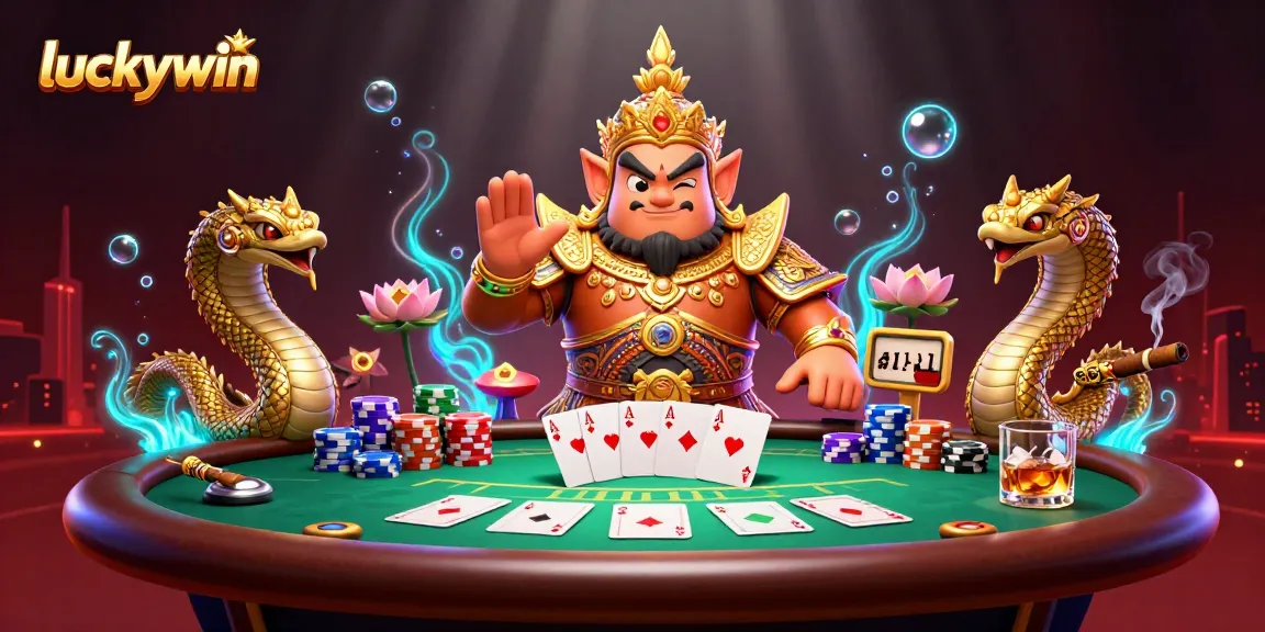 Engage with luckywin at a vibrant poker table surrounded by mystical elements and iconic characters