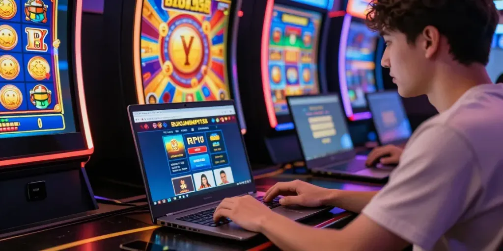 Pengguna BUKUMIMPI138 bermain slot online di laptop dengan suasana kasino yang ceria.