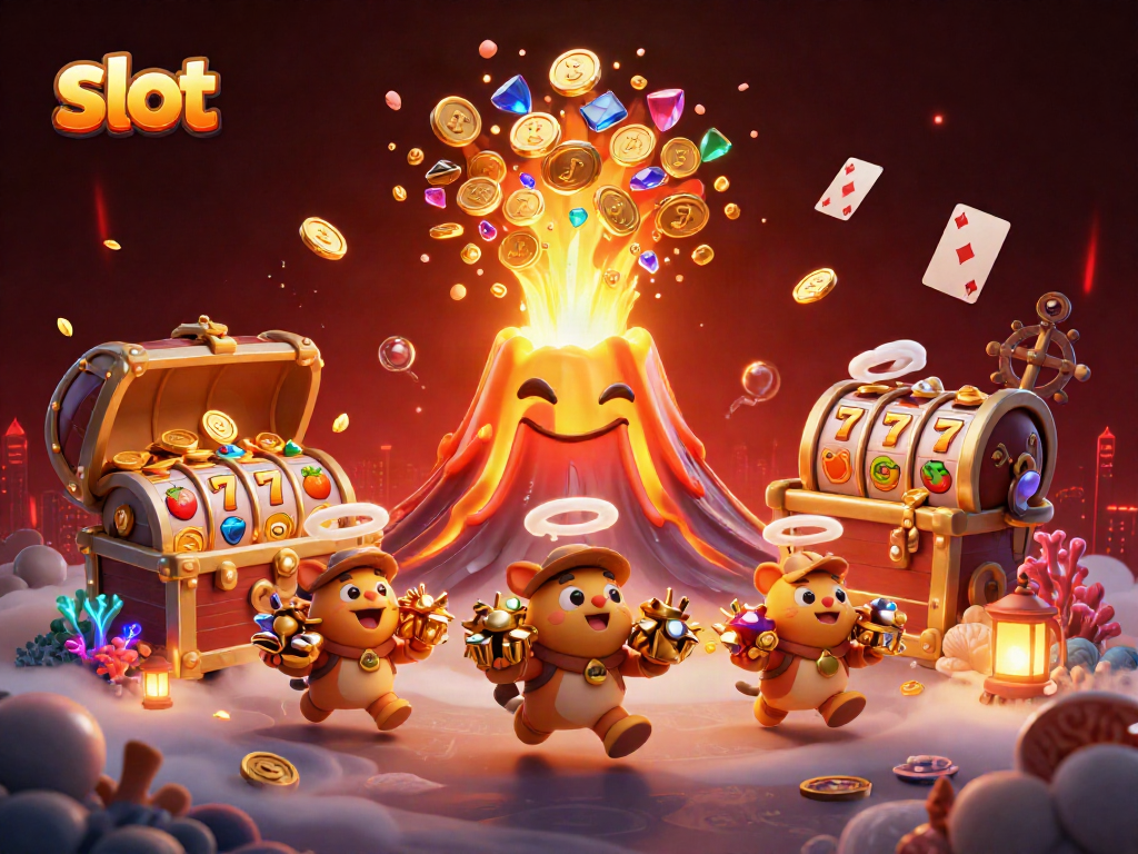 Experience the thrill of winning with colorful slot reels and treasures flowing from a volcano.