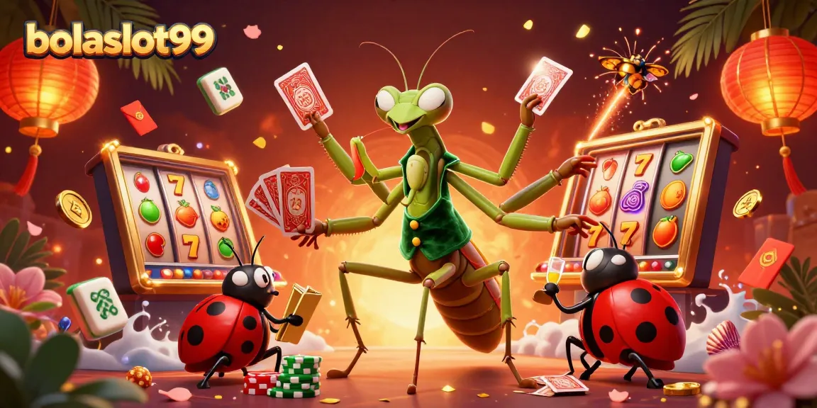 Experience the vibrant energy of bolaslot99 with a lively casino illustration filled with winning symbols.