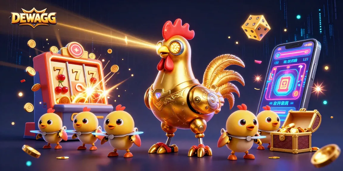 Engage in thrilling slots with DEWAGG as the golden rooster robot leads a jackpot explosion.