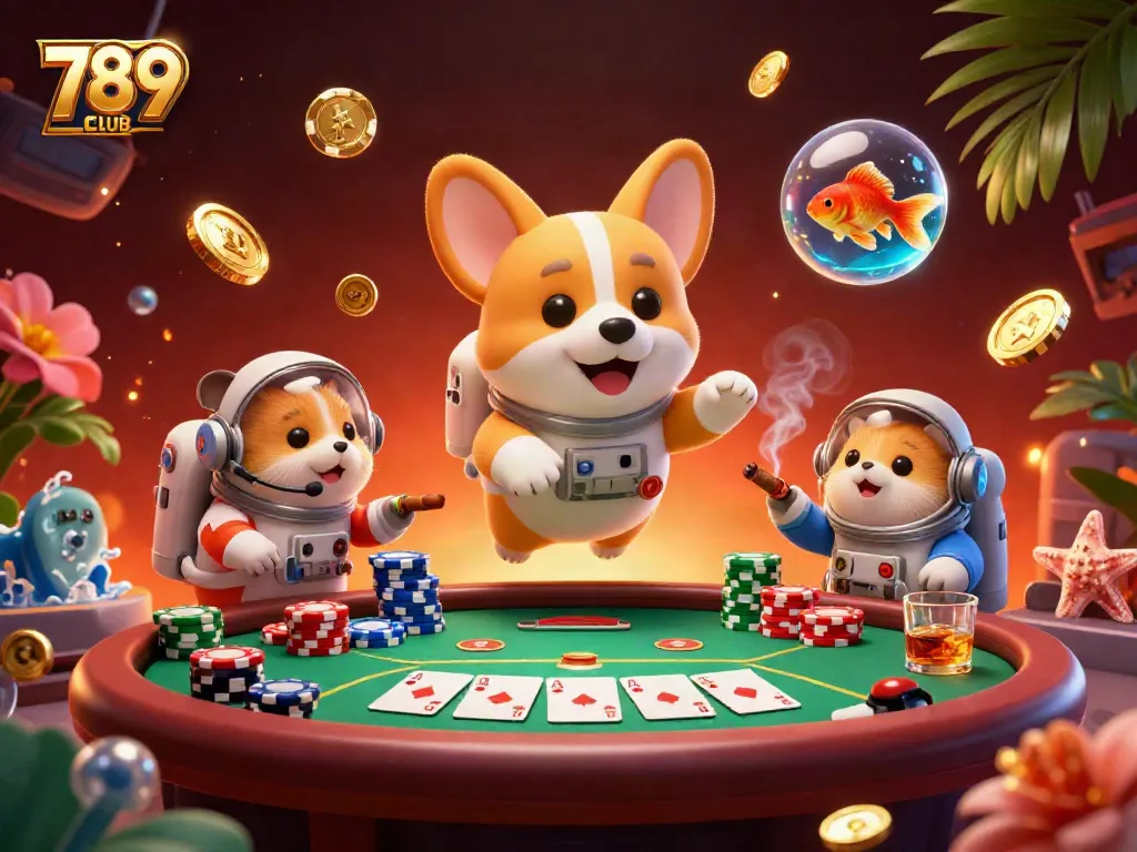 Experience excitement at 789CLUB with a whimsical floating casino scene featuring an astronaut corgi and colorful poker elements.