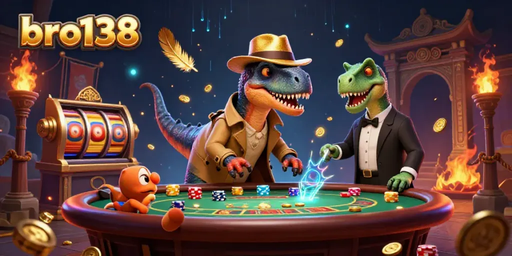 Engage in thrilling action at bro138's casino with cartoon dinosaurs amidst dynamic gaming elements.