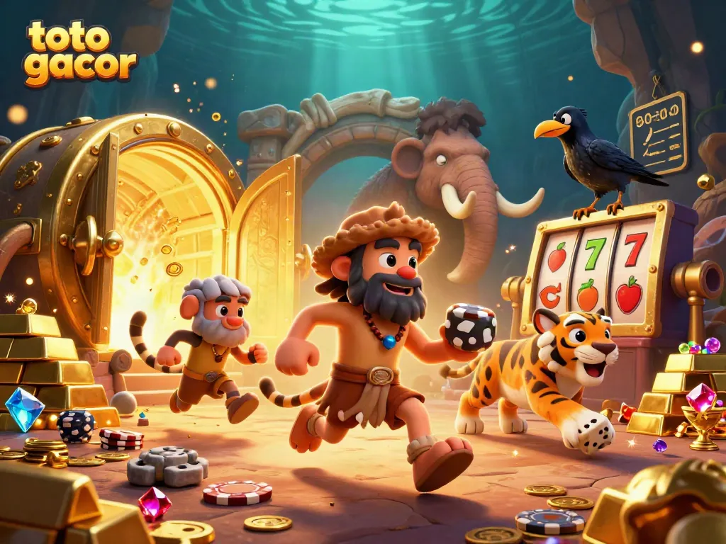 Experience the thrill of toto gacor in a vibrant prehistoric casino scene, featuring dynamic characters and rich visuals.