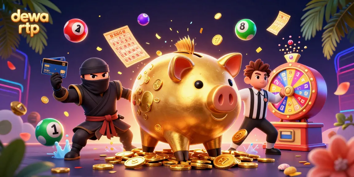 Bermain slot dengan dewa rtp, celengan emas, ninja dompet, dan wasit kartu di latar belakang yang mengesankan.