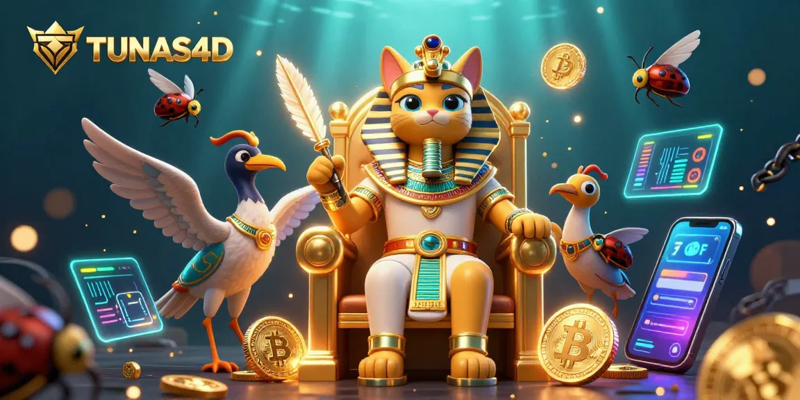 Experience the thrill of TUNAS4D with an engaging 3D casino-themed illustration showcasing vibrant characters and crypto elements.
