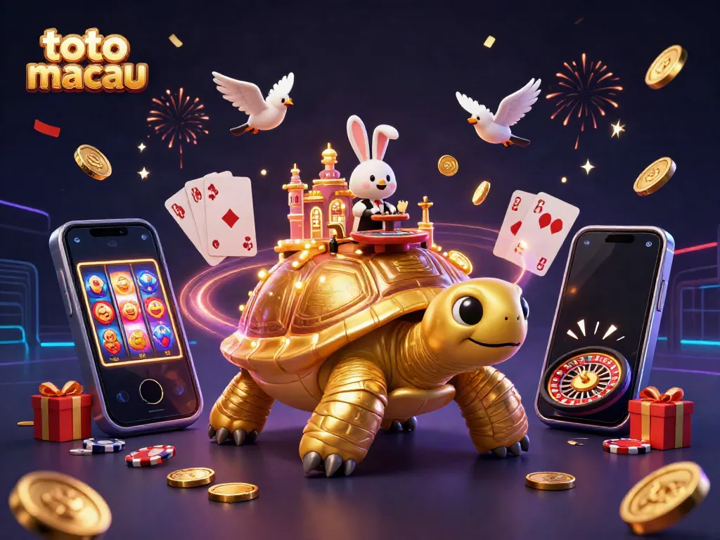 Toto Macau menyajikan hasil undian terkini dengan gambar kartun kura-kura emas dan dealer kelinci di meja kasino.