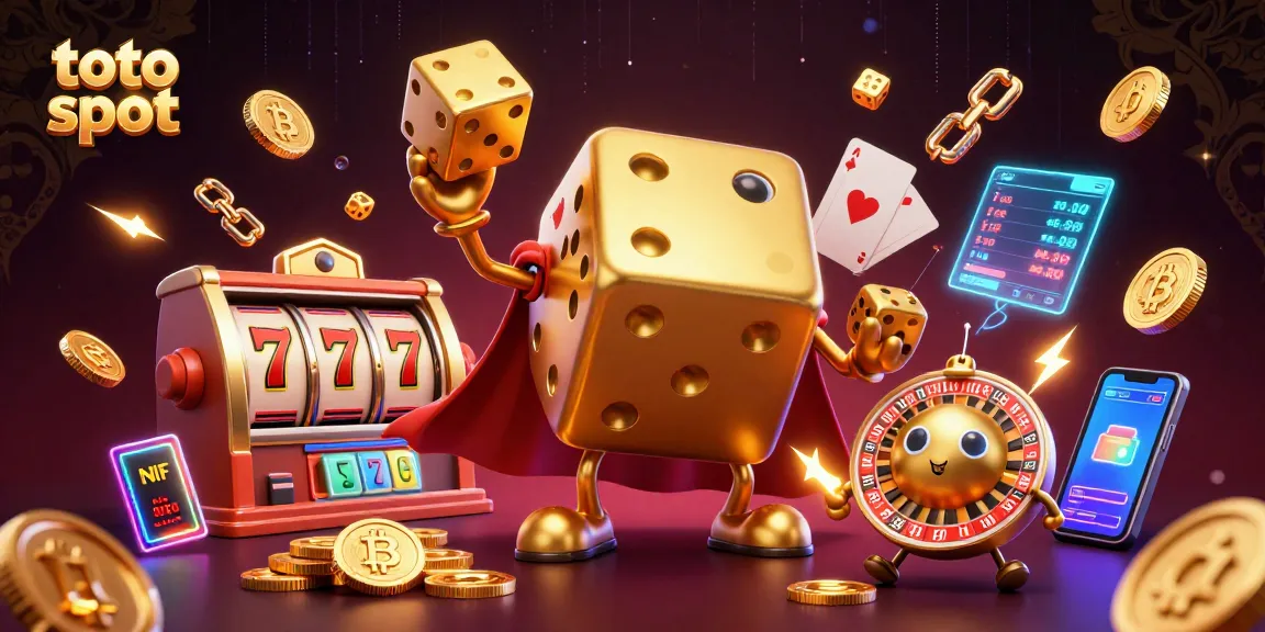 Bermain taruhan dengan toto slot di antara dadu emas raksasa dan elemen kasino modern.