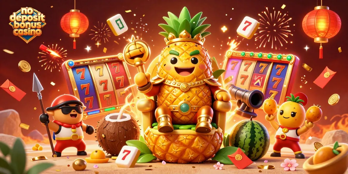 No deposit bonus casino scene featuring a golden pineapple king, coconut guards, and vibrant slot reels.