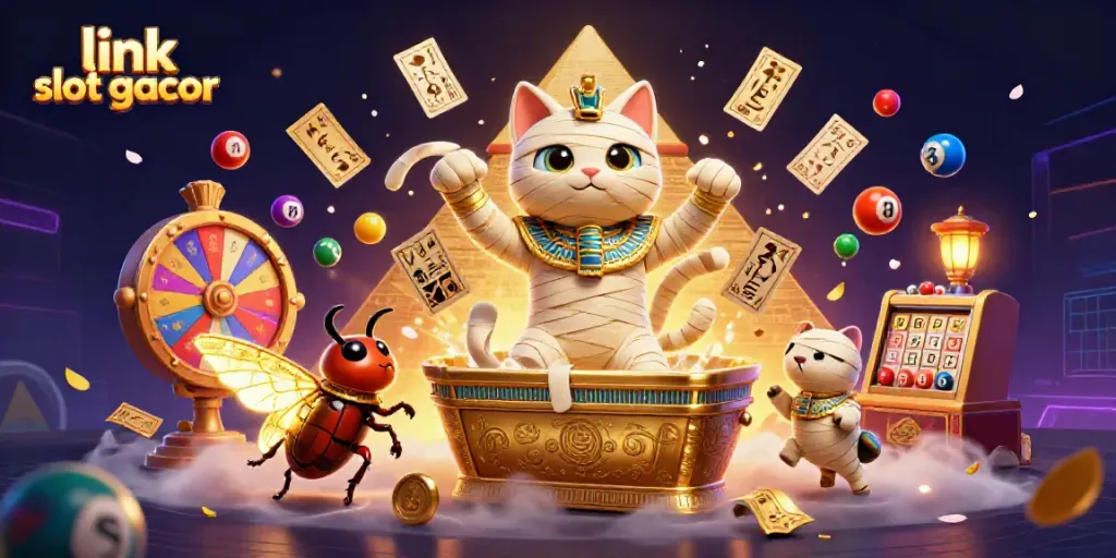 Mengakses link slot gacor dalam ilustrasi 3D yang kaya detail dan warna dengan karakter unik.