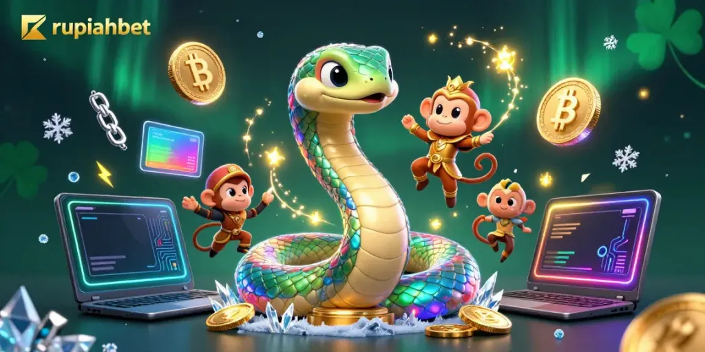 Experience dynamic gameplay with rupiahbet, featuring a vibrant 3D scene of casino characters and crypto elements.
