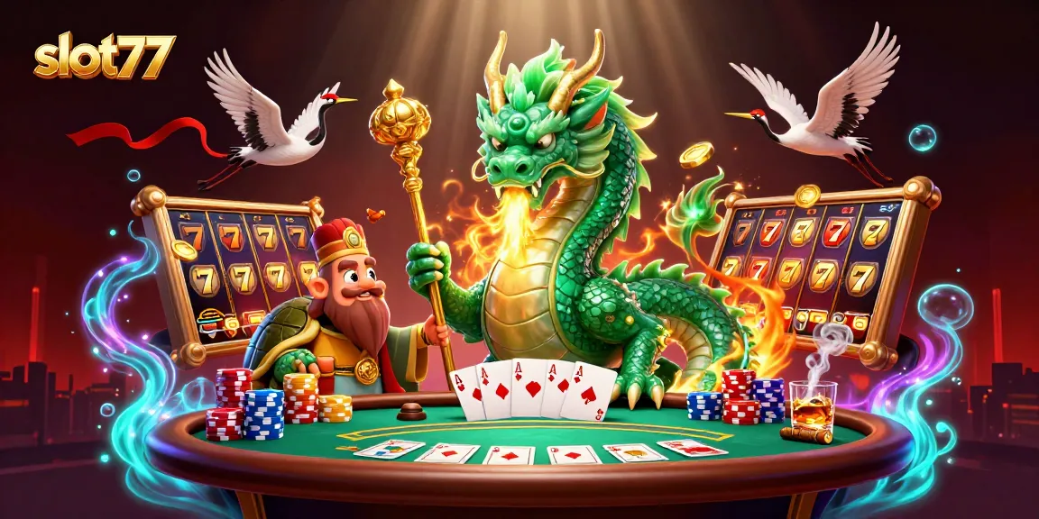 Mainkan slot77 dengan keberuntungan mengelilingi naga zamrud dan karakter menggembirakan lainnya.