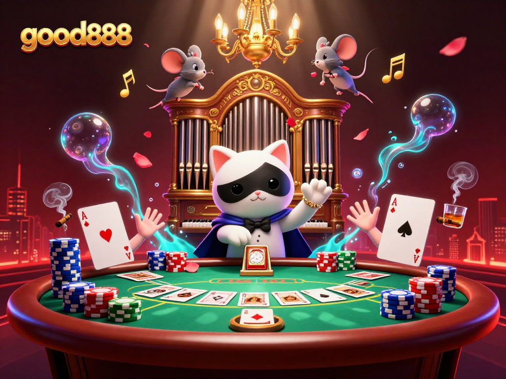 Play and win at good888, featuring a 3D phantom cat and acrobat mouse in a lively casino scene.
