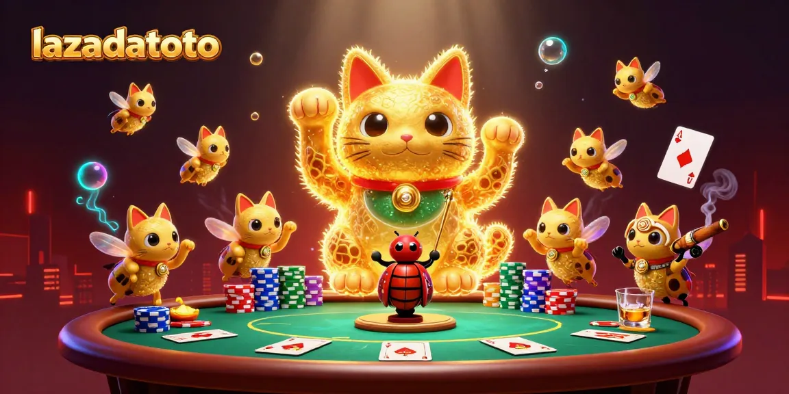 Experience the vibrant world of lazadatoto as a lucky cat and golden fireflies celebrate casino wins.