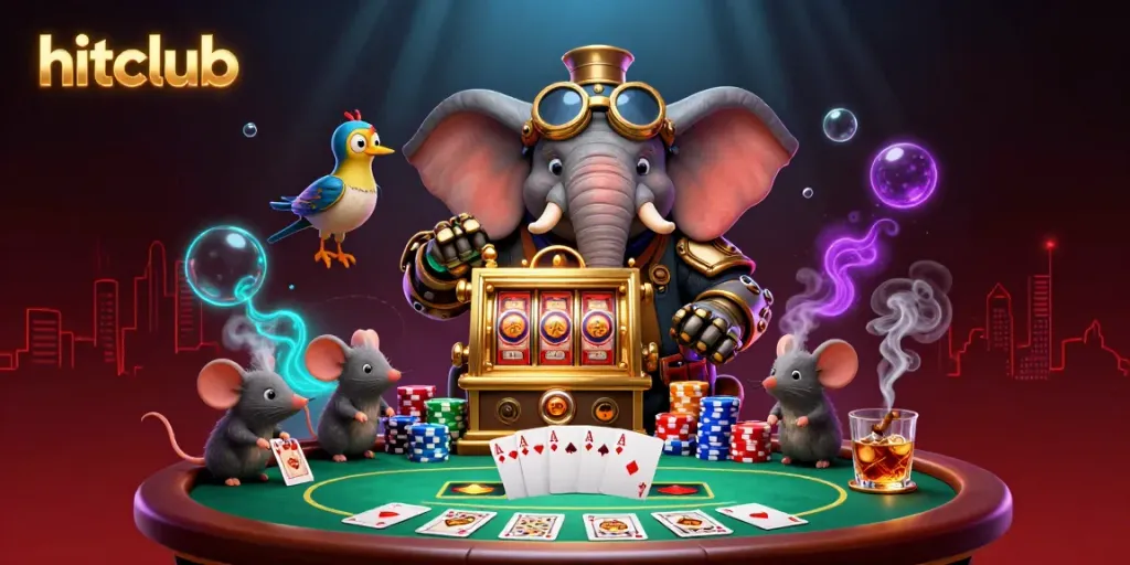 Experience the thrill of hitclub with a steampunk elephant engineer at a vibrant casino, rich in detail.