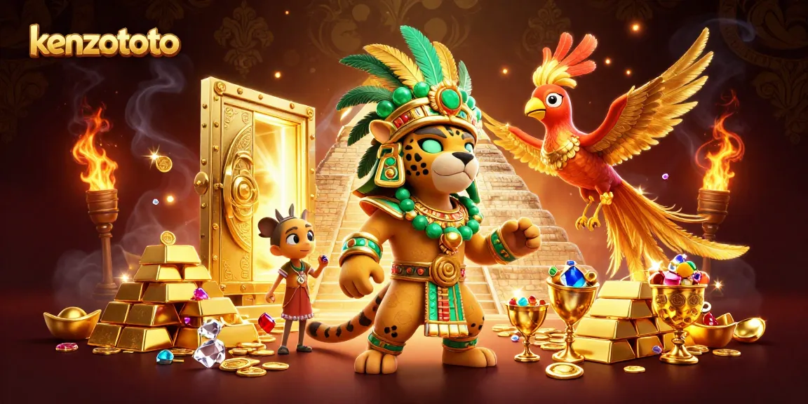 Engage in thrilling gameplay at kenzototo with a vibrant casino-themed illustration filled with treasures.