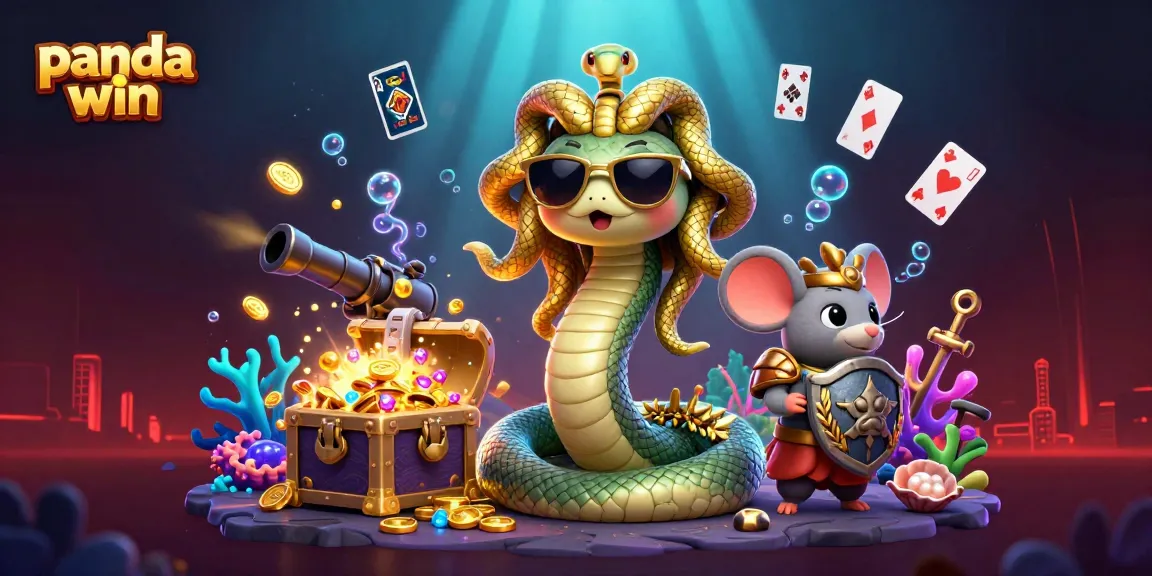 Panda win petualangan slot gaming dengan Medusa dan tikus pejuang menikmati suasana kasino yang hidup.