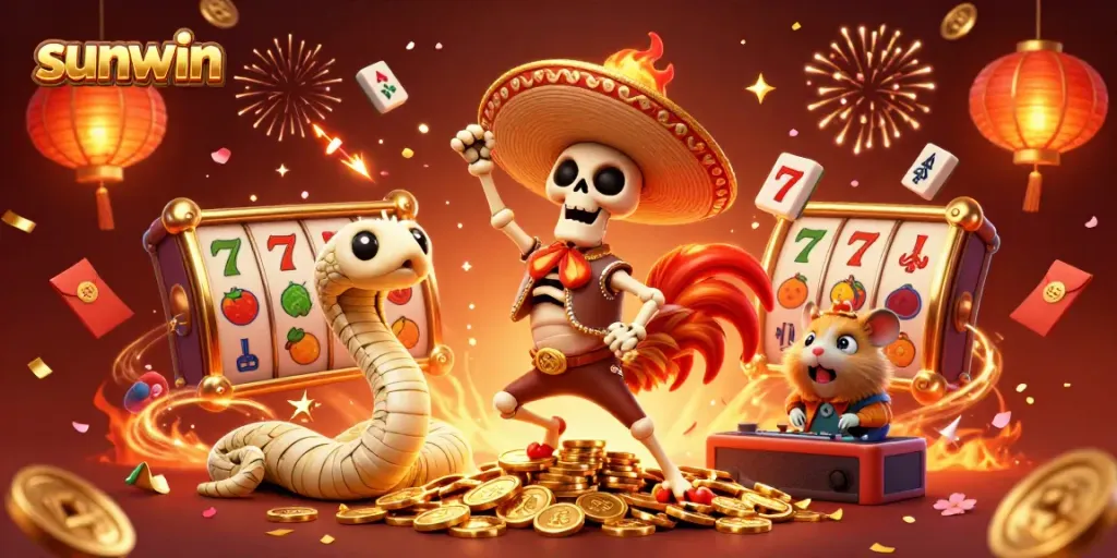 Sunwin thrills with animated casino celebration featuring a cartoon mariachi rooster, mummy snake, and DJ hamster.