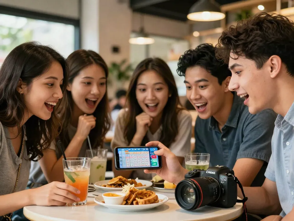 Teman-teman excited melihat hasil Data Macau terbaru di kafe modern, suasana ceria dan sosial.