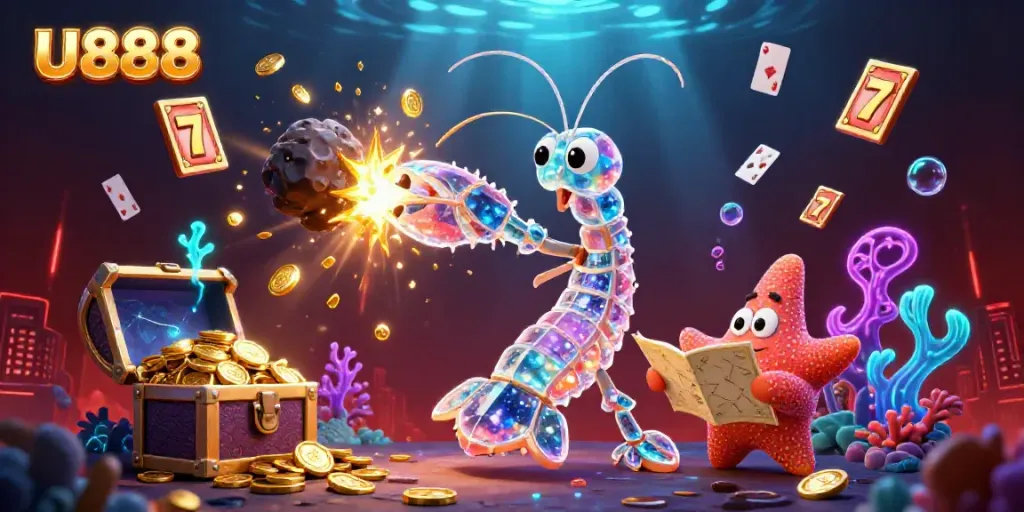Engage in thrilling games at U888 with a galactic samurai mantis shrimp, diving into a world of slots and treasures.