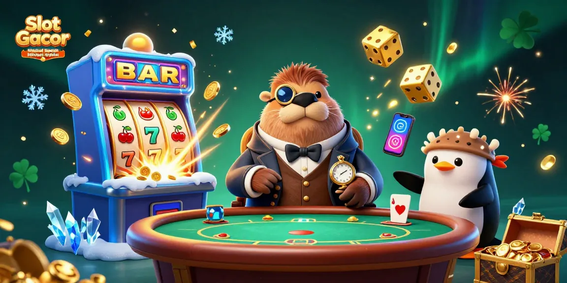 Experience the thrill of Slot Gacor Minimal Deposit 10 Ribu amidst a vibrant casino scene featuring joyful characters.