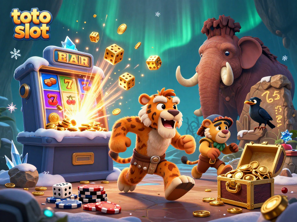 Mengatakan toto slot dengan mesin slot 3D yang meledak koin, dadu emas dan karakter kasino prasejarah.