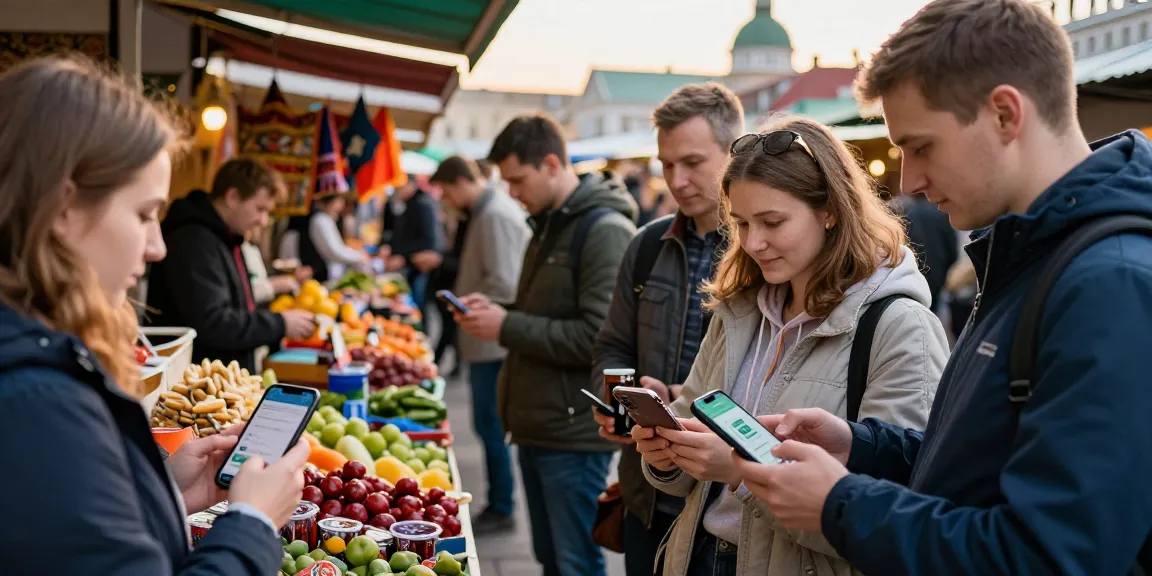 Pengunjung menggunakan https://payinrussia.com/ untuk pembayaran di pasar lokal Rusia.