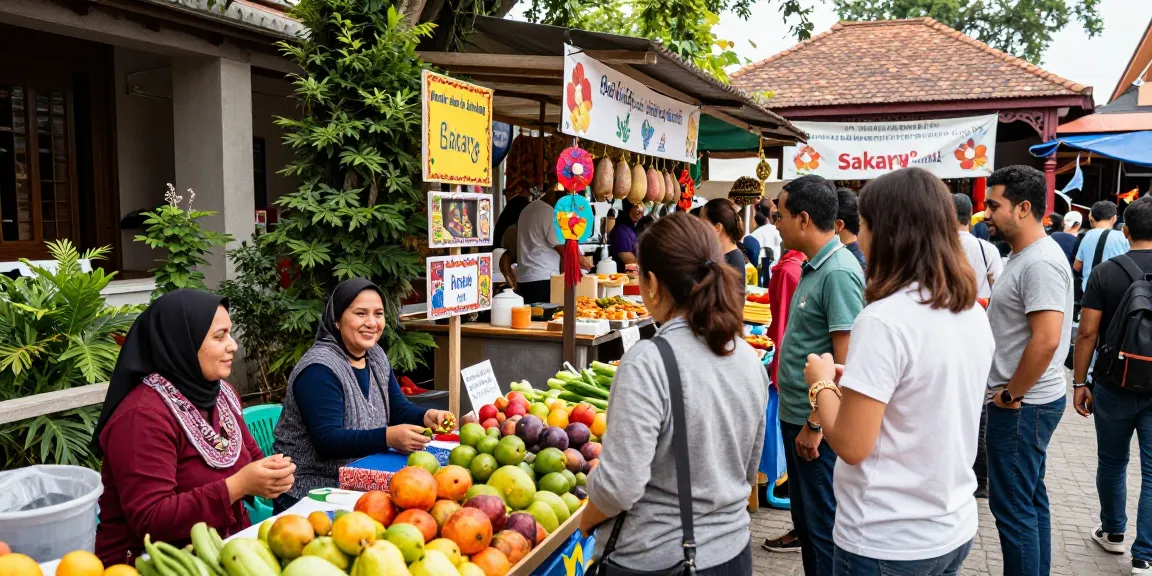Pasar lokal yang hidup di Sakarya dengan penjual ramah, menampilkan berbagai produk segar dan kerajinan tangan, menciptakan suasana komunitas yang bersemangat, Leci123.