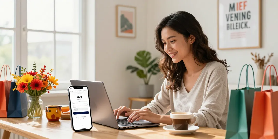 You can access bro138 login easily in this vibrant online shopping scene with a woman enjoying her cozy, stylish environment.