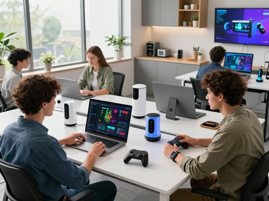 Innovative tech gadgets showcased in a modern workspace with Bluetooth devices and smart tools
