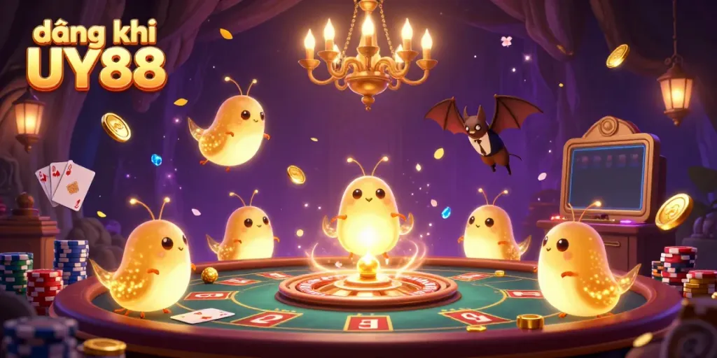 Experience the excitement as you đăng ký UY88 in this lively casino scene with glowing insects and rich game elements.