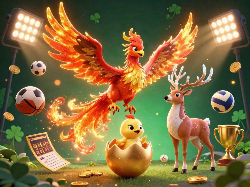 Experience KO66's thrilling sports betting atmosphere with a magical phoenix scene, showcasing a vibrant casino world.