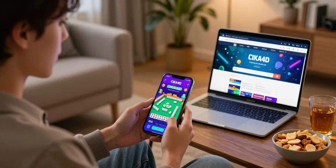 Young adult engaging with CIKA4D app for Mahjong online gaming in cozy living room.