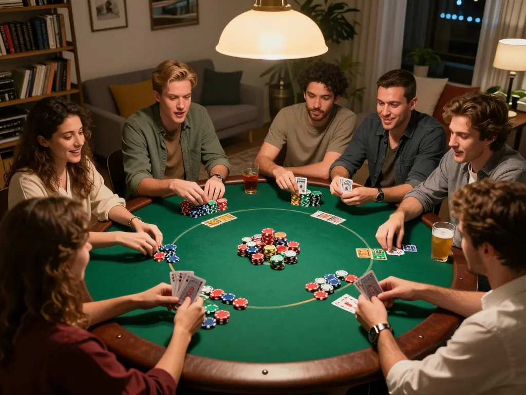 Experience the excitement of rokok 88 with friends playing competitive poker, colorful chips and cards enhancing the scene.