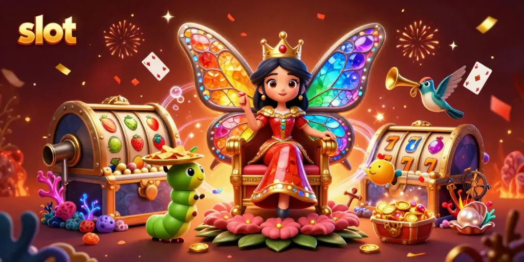 Slot menggoda dengan ratu kupu-kupu dan elemen permainan di dunia kasino yang berkilauan.