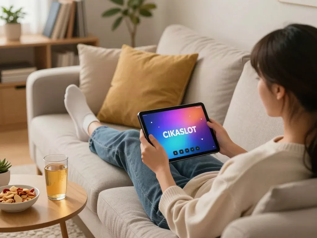 Enjoying a cozy gaming experience with CIKASLOT on a tablet in a warm living room.