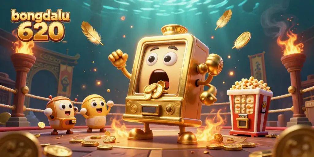 Bongdalu 620 showcases a golden slot machine hitting a jackpot as coins pour out, surrounded by cheering mini slots and playful popcorn machine.