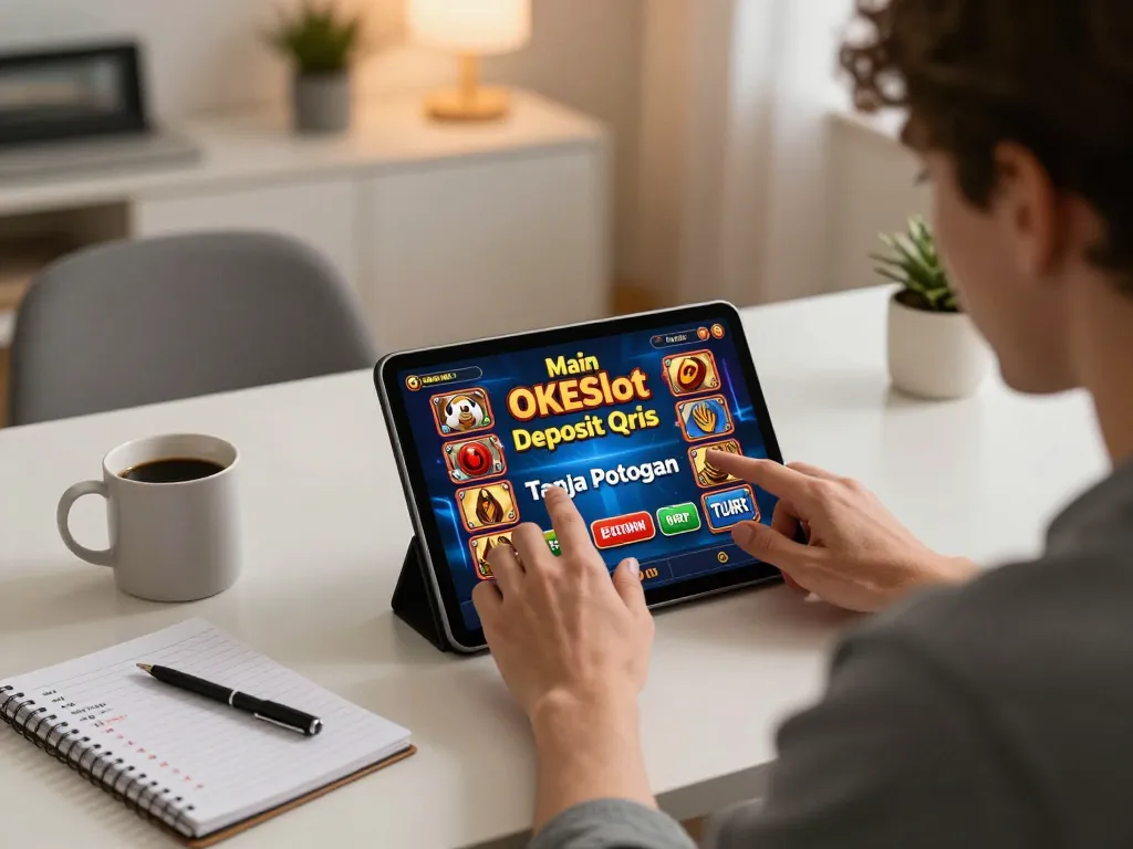Main OKESlot Deposit Qris Tanpa Potongan - Momen menarik seorang pemain menikmati slot online di rumah dengan laptop.